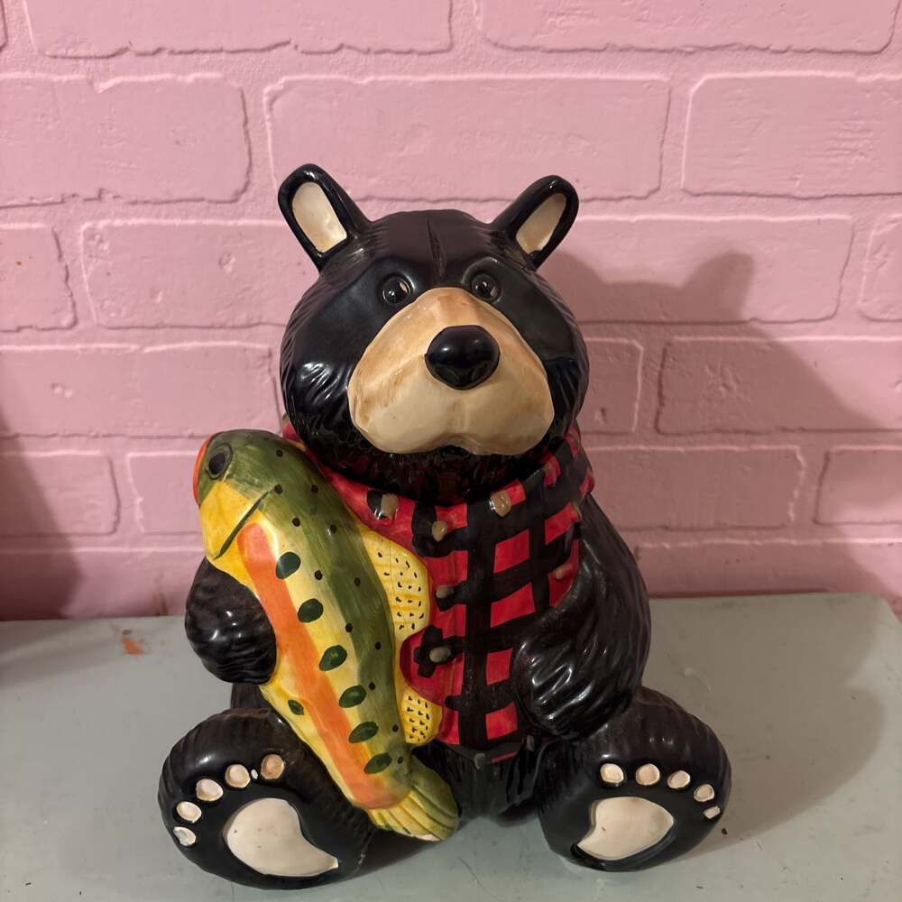 Black Bear Red Plaid Shirt Trout Fish Ceramic Cookie Jar Canister